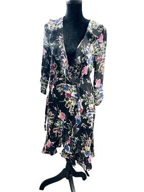 Milly Audrey Silk Floral Wrap Dress Size 8 Black Ruffle Belted Made in USA
